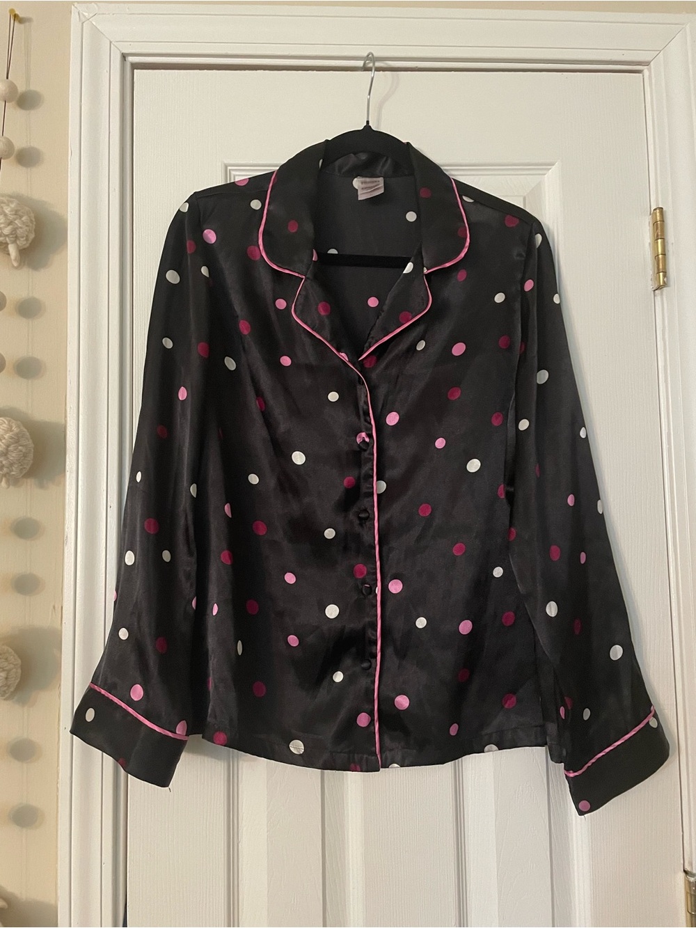 Women’s Black Satin Polka Dot Pajama Set with Pink Trim